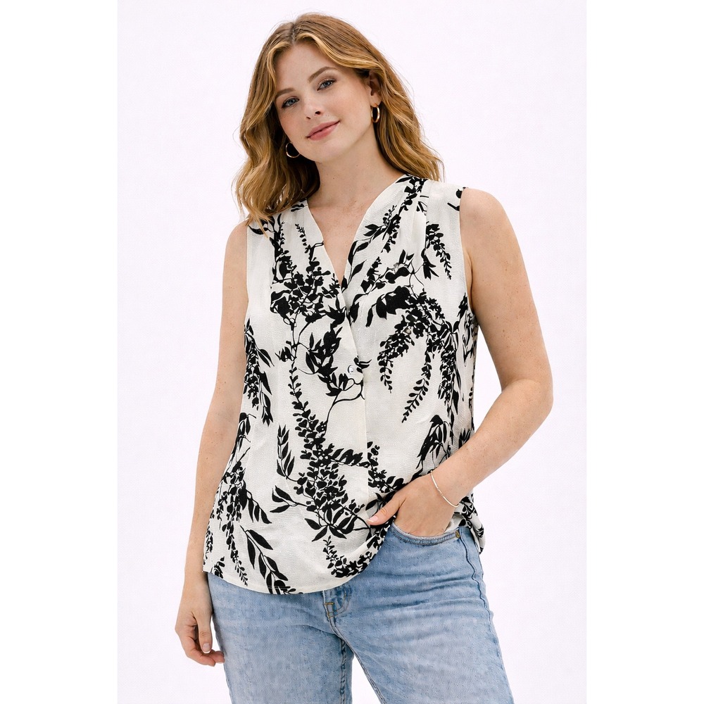 NWT White House Black Market Pleated Vneck Women S Ecru Black Floral Blouse